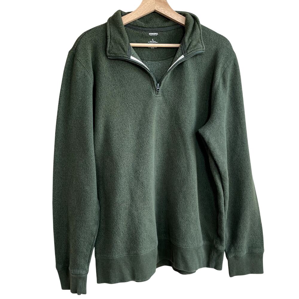 Sonoma men's forest green quarter zip pullover sweater size large cotton fleece‎